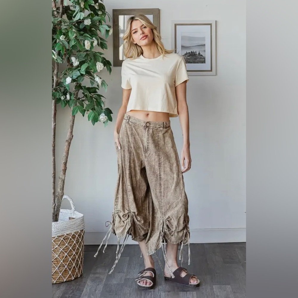 Oli & Hali Tan Wide Leg Pants with Drawstring Detail